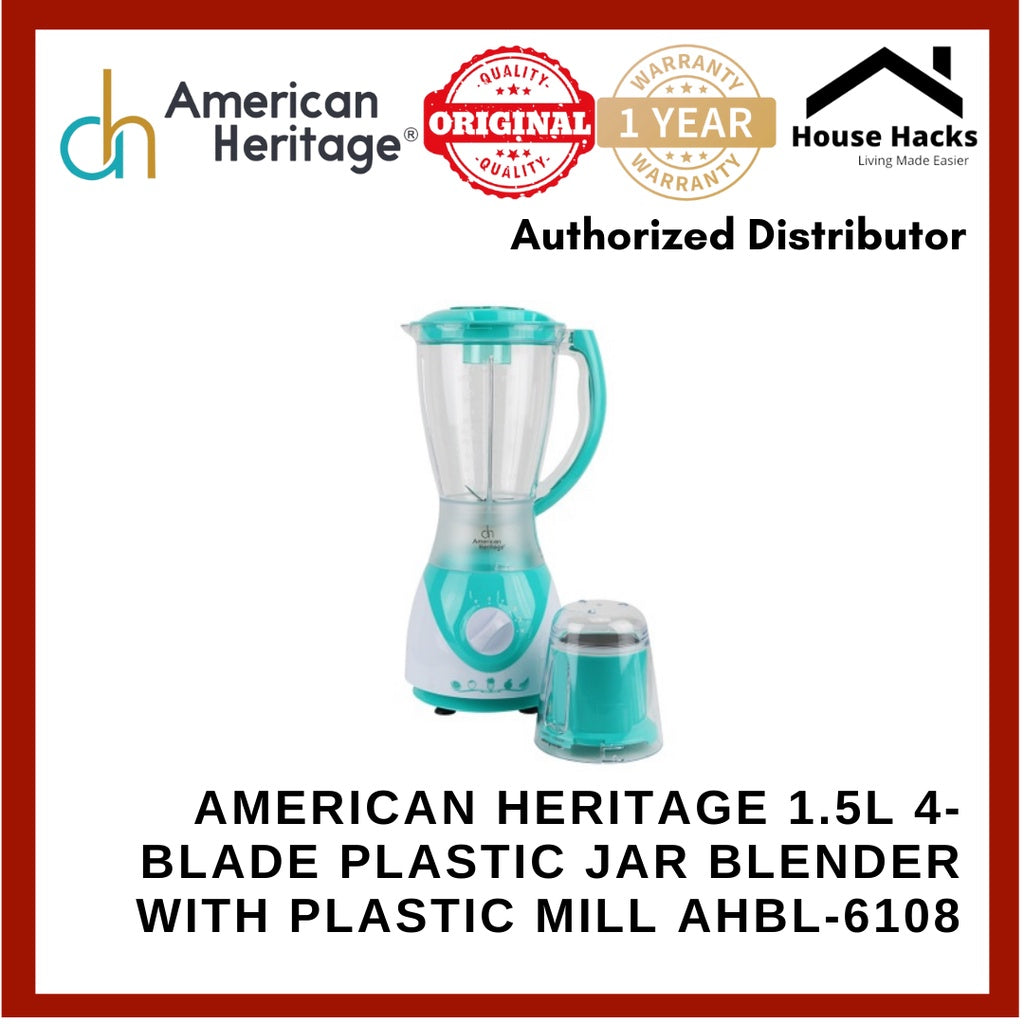 American Heritage 1.5L 4-Blade Plastic Jar Blender with Plastic Mill AHBL-6108