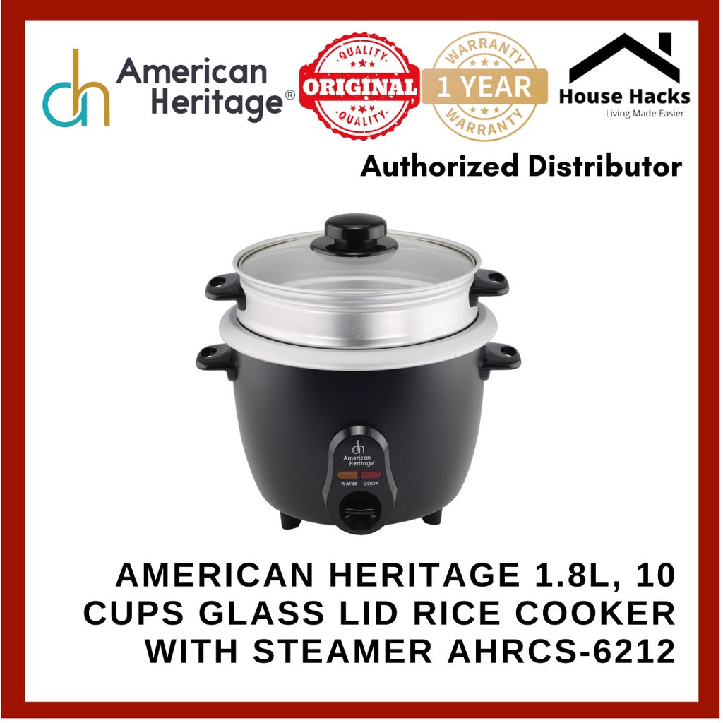 American Heritage 1.8L, 10 cups Glass Lid Rice Cooker with Steamer AHRCS-6212