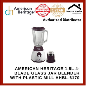 American Heritage 1.5L 4-Blade Glass Jar Blender with Plastic Mill AHBL-6170