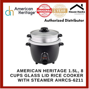 American Heritage 1.5L, 8 cups Glass Lid Rice Cooker with Steamer AHRCS-6211