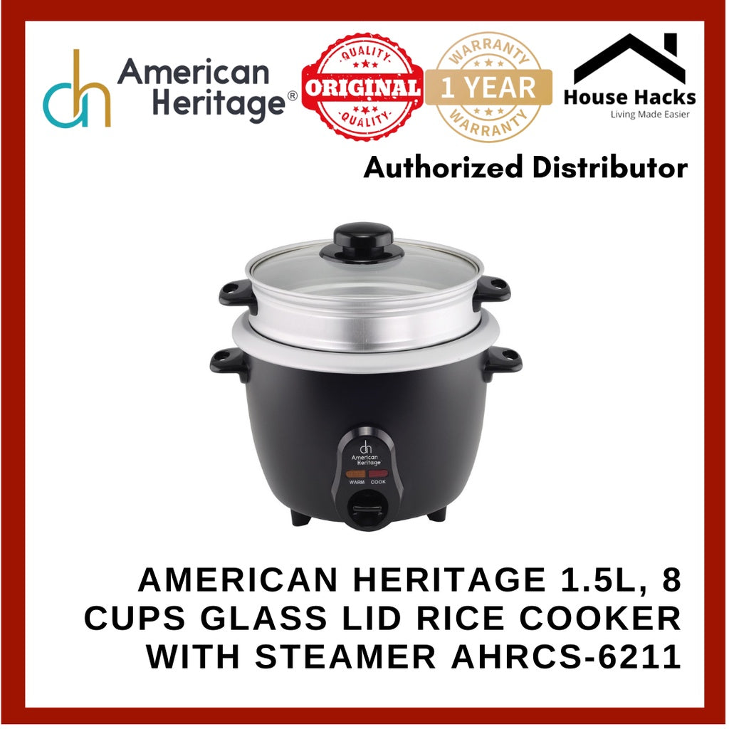 American Heritage 1.5L, 8 cups Glass Lid Rice Cooker with Steamer AHRCS-6211