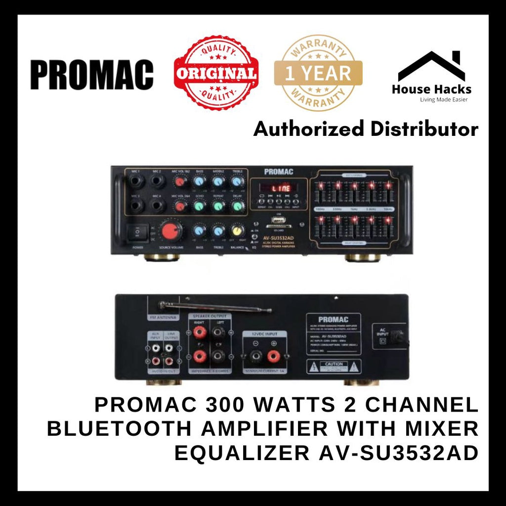 Promac 300 watts 2 channel bluetooth amplifier with Mixer Equalizer AV-SU3532AD