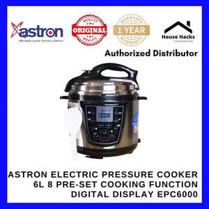 Astron Electric Pressure Cooker 6L 8 Pre-set Cooking Function Digital Display EPC6000